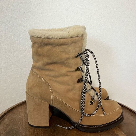 Stuart Weitzman Yukon Dyed Shearling Suede Block Heel Booties Women's Size 9 - Picture 3 of 10